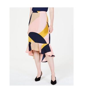 Bar III‎ Women's Pink Abstract Geo Lava Ruffled Hi Low Midi Skirt Size 6